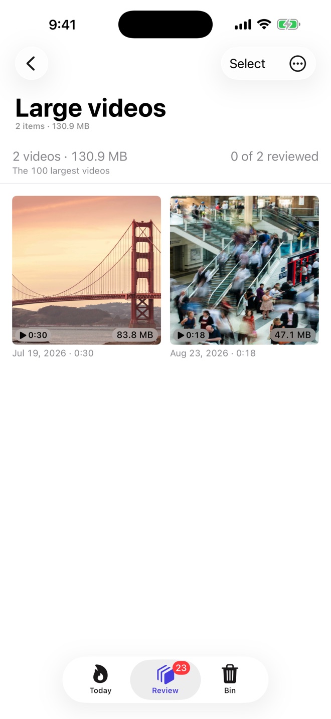 Leanroll's Large videos list, with two videos of 83.8 MB and 47.1 MB.